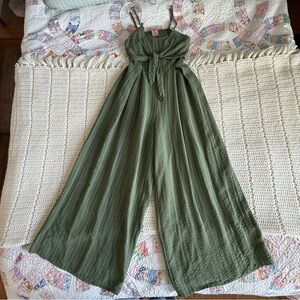 Flying Tomato Olive Green Pinstripe Wide Leg Jumpsuit with Open Back Size M